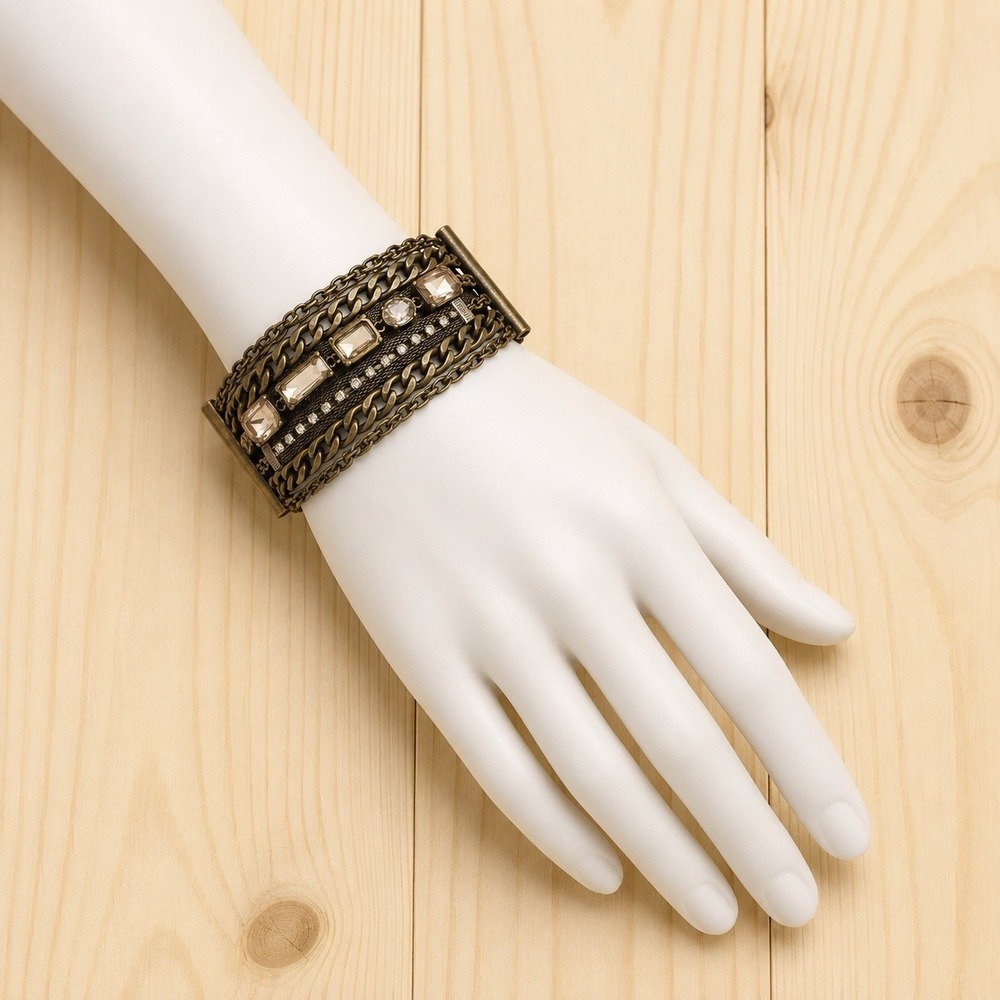 Bronze Tone Multi-Chain Cuff Bracelet Clear Square Crystal Slide Closure 8"[JB2]